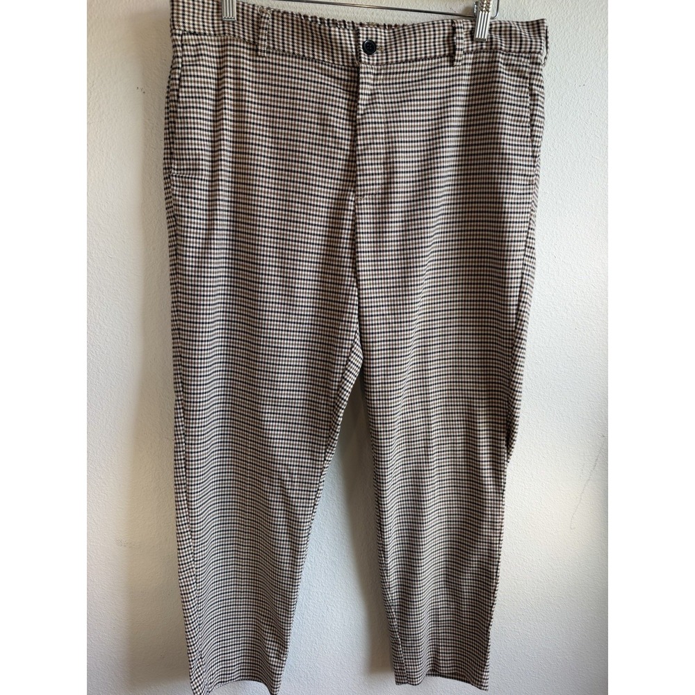 H&M Men's L Brown Black Beige Check Viscose Blend Slim Flat Front Dress Pants - Picture 7 of 7